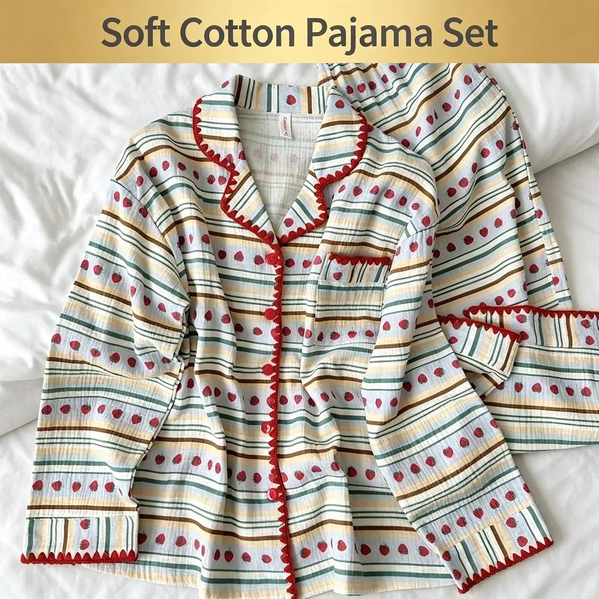 Strawberry Striped Cloud Cotton 2 Piece Pajama Set - Long Sleeve Top & Pants, Sweet Princess Soft Loungewear, Early Fall Sleepwear for Teen Girls
