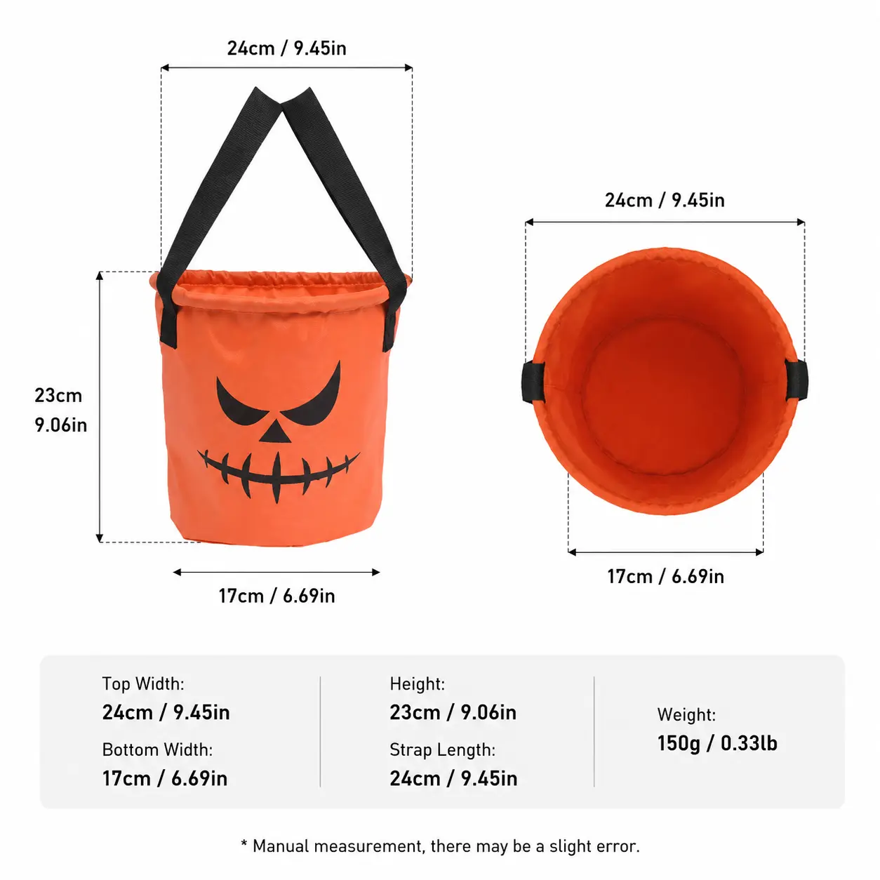 1 Count, Orange Halloween Trick or Treat Bucket with Printed Spooky Face and Carry Strap, for Halloween Candy Collection and Themed Party Use