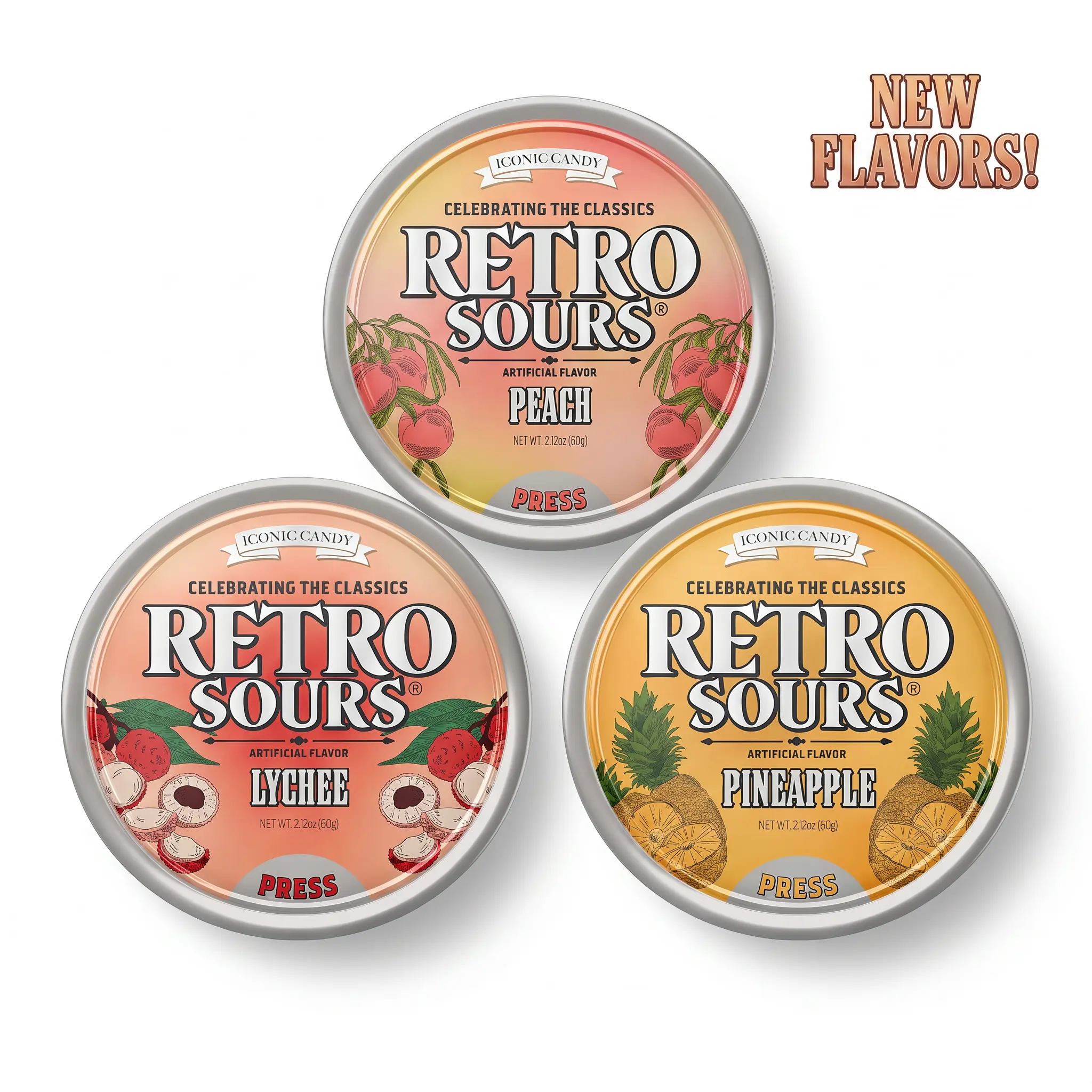 Retro Sours NEW Flavor Trio | Peach, Lychee & Pineapple Sour Hard Candy | 3 Pack
