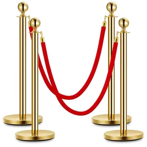 GARVEE 4 Pcs Gold Stainless Steel Stanchion Posts with 5 FT Red Velvet Ropes and Hollow Base Safety Barriers Set, Ideal for Parties, Events, and Carpet Runners