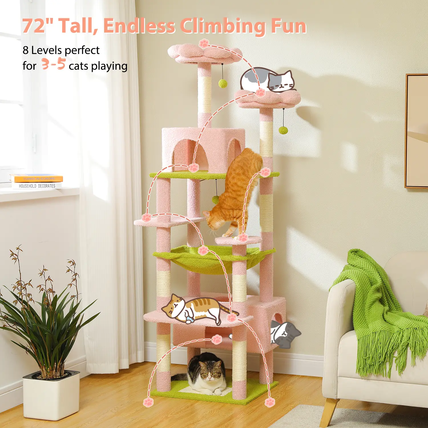 PAWZ Road Large 72 Inches flower/Cactus Cat Tree and Tower for Indoor Cats - With Sisal-Covered Scratching Posts, Padded Perches, Condos, and Basket（G