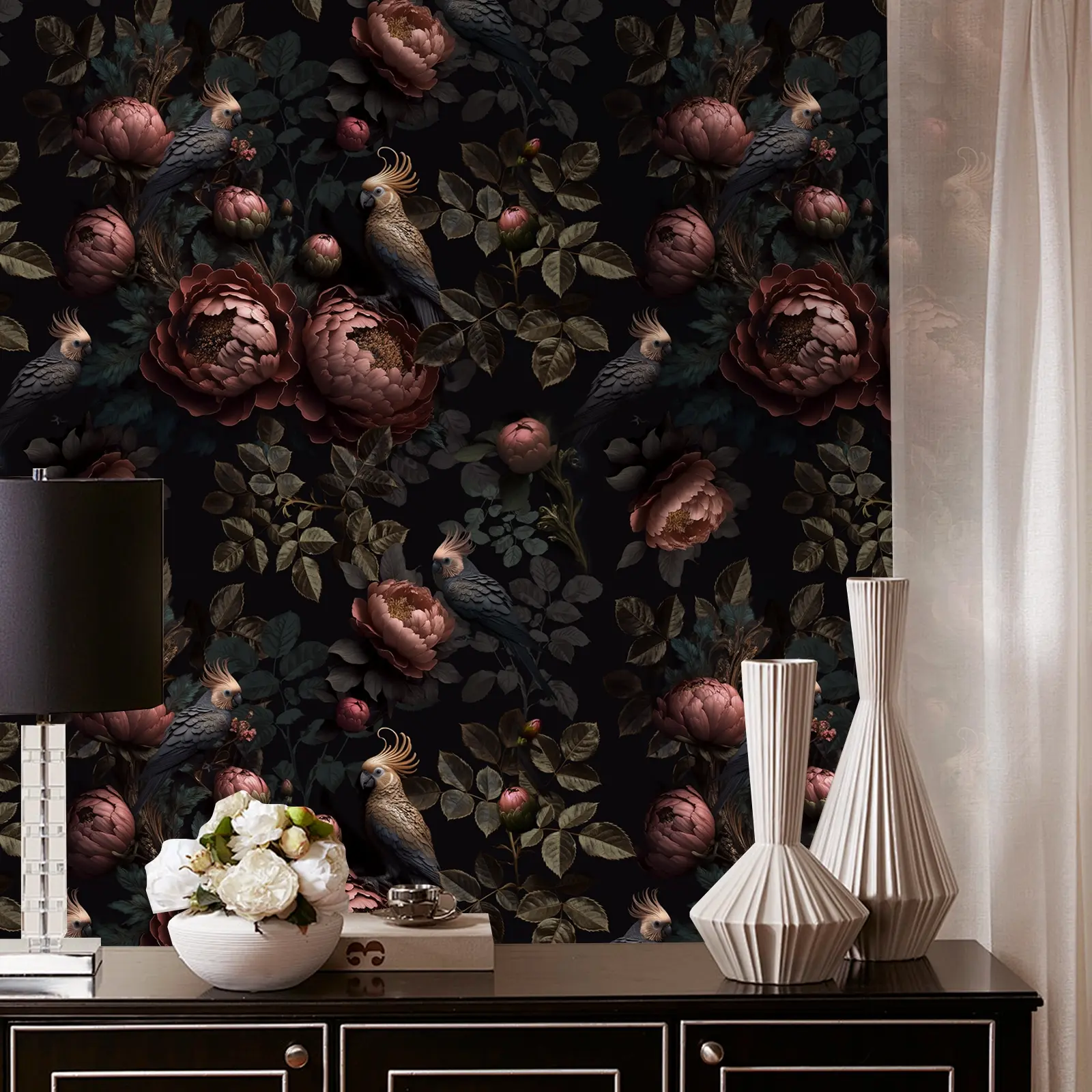 Vintage Dark Floral & Bird, Floral And Bird Patterns, Peel and Stick Self-Adhesive Decorative Wallpaper - Waterproof Removable Vinyl | 17.32x118.11inch, Easy to Remove for Living Room, Bedroom, Interior Walls | Home Decor Wall Covering