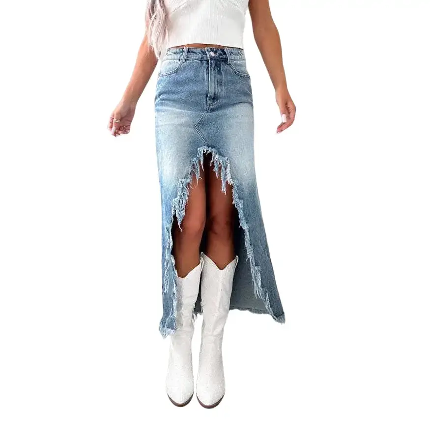 New-Arrival Women's High-Waisted Asymmetric Raw Hem Jean Midi Skirt, Casual Distressed Washed A-Line Bottom, Fringe, Foldable, Button, Expandable, Chic Night-Out Skirt for Women