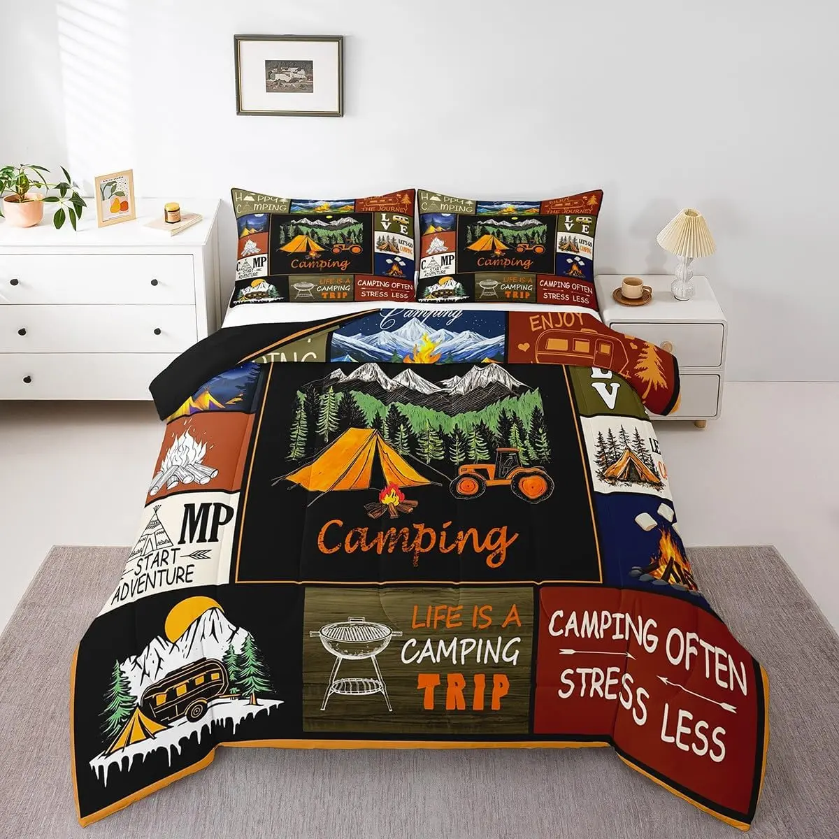 Happy Camping Bedding Set,RV Camper Comforter Set for Trailer Bunk,Rustic Style Patchwork Comforter,Mountain Themed Bedroom Room Decor,1 Pillowcase All Season