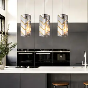 4" Modern Crystal Pendant Light - 3 Pack, Adjustable Hanging Ceiling Lamp with Crystal Prism Design for Dining Room, Kitchen Island, and Living Room -Chrome Finish