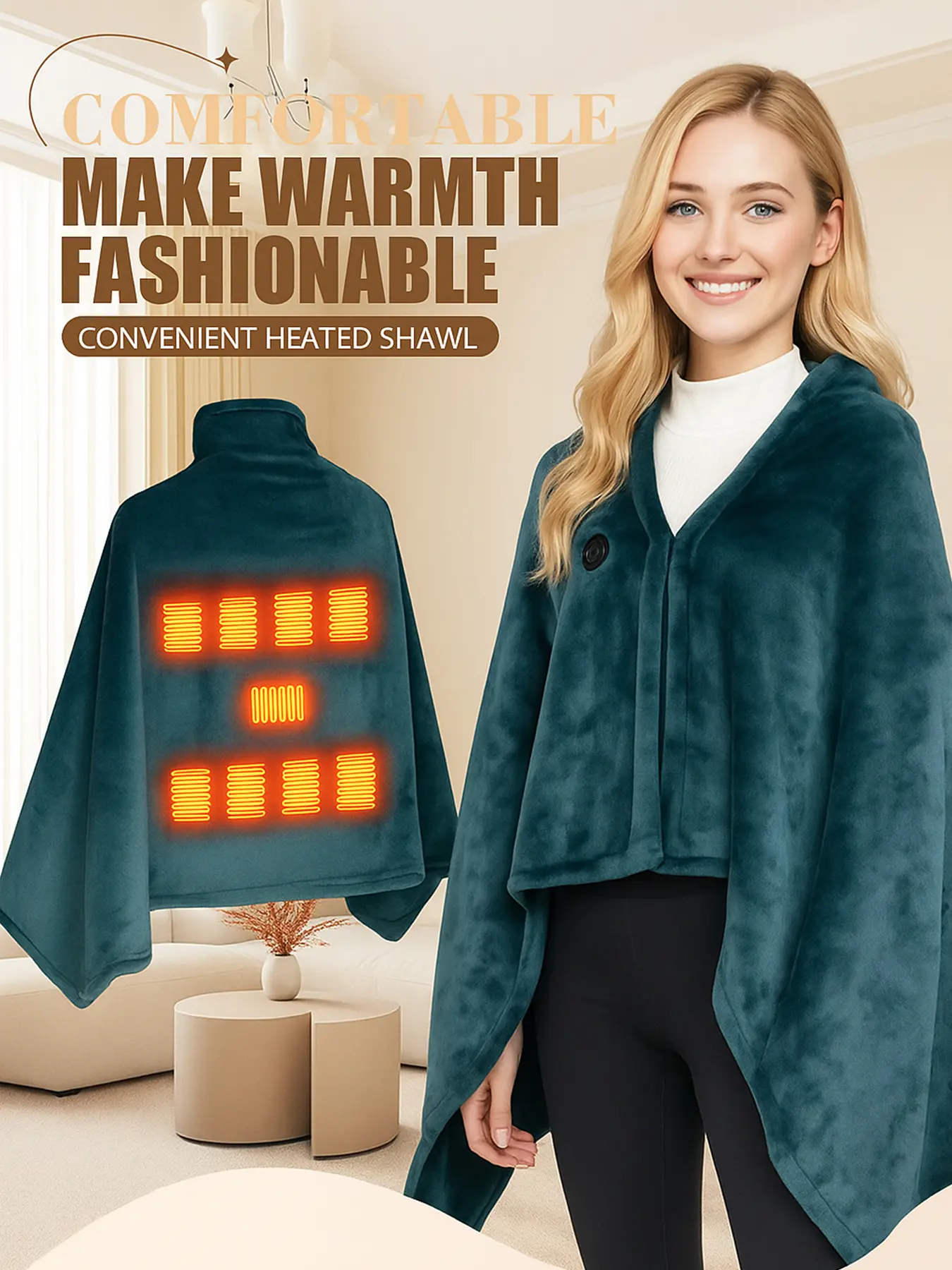 Multi-Color USB Portable Heated Shawl, 7 Zone Temperature Control Ultra Soft Flannel Design, Unisex Home & Office Use