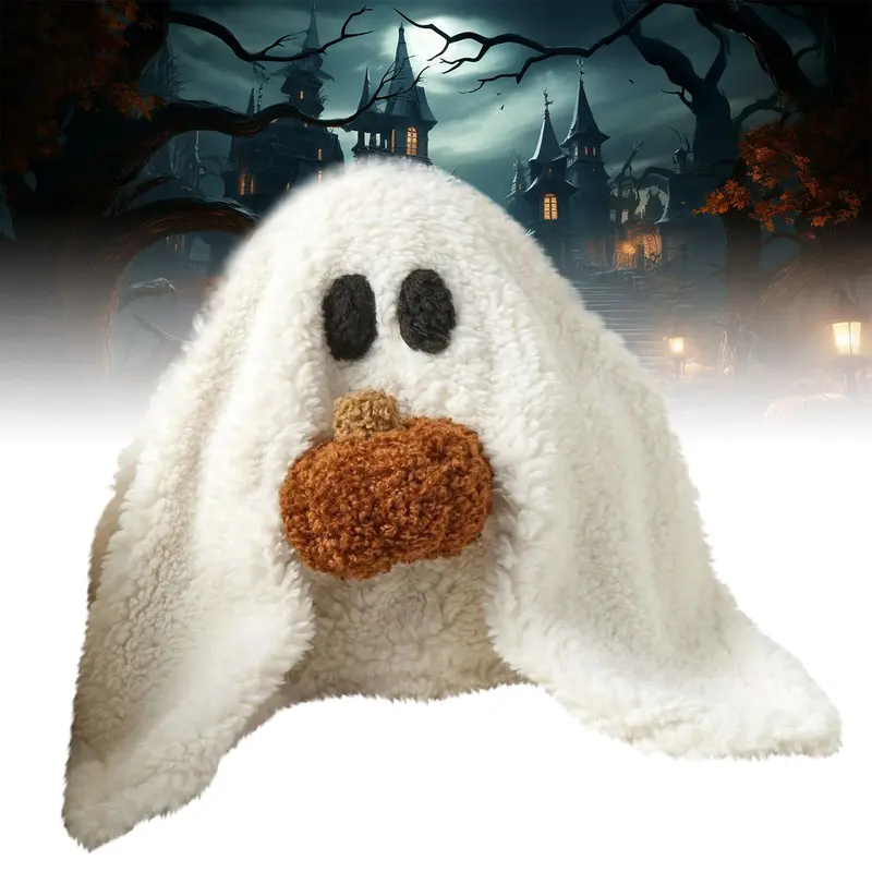 Ghost Pillow with Pumpkin, Ghost Plush, Ghost Shaped Pillow, The Ghost with Pumpkin Pillow, 12in Spooky Halloween Ghostly Plush Pillow
