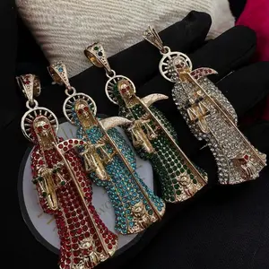 Santa Cruz XL Santa Muerte Pendant with Red Eyes, Micro Paved Stones, and Yellow Gold Finish