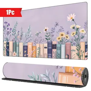 BHJLAXR Flower & Book Pattern Mouse Pad, Large Gaming Mouse Pad, Extended Big Computer Keyboard Desk Pad with Non-slip Base and Stitched Edge