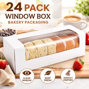 24 Pack 12" x 4" x 3.5" Roll Cake Boxes – White Bakery Boxes with Window, Auto-Popup Loaf Pumpkin Roll Pastry Boxes for Cake, Bread, Dessert – Disposable