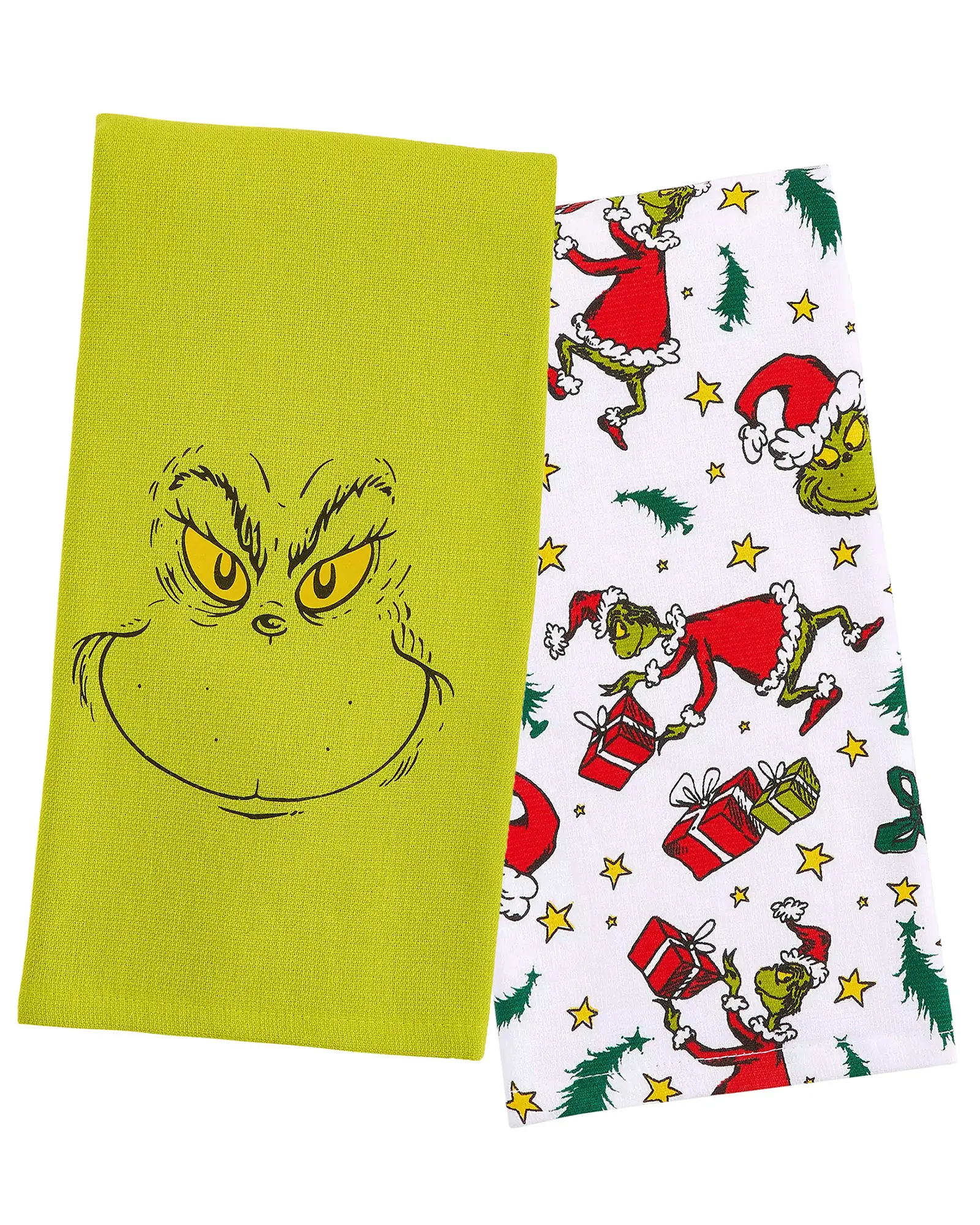 Dr. Seuss The Grinch Thick, Absorbent Cleaning Kitchen Towel Set, 2-Pack with Holiday Motif & Grinch Face Design