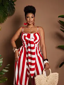 Plus Size Women's Striped Halter Jumpsuit, Front Knot Design High Waist Wide Leg Pants, Casual Summer