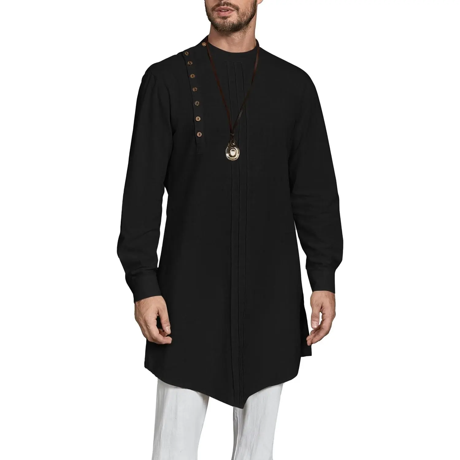 Men's Cotton-Linen Loose-Fitting Well-Tailored Thobe - Long-Sleeve Button Closure Kaftan, Vintage Casual Robe Nightshirt for Muslim Party, Breathable Warm-Weather No-Excess-Fuss Wear, Versatile Addition (Incl. XX-Large & Various Sizes)