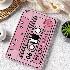 Creative graffiti pink heart music cassette tape case with adjustable stand and pen slot. Foldable, non-slip TPU protective case suitable for Samsung, iPad mini, iPad Air, iPad Pro/iPad 10th and 11th generation iPads.