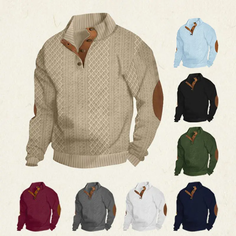 Men's Stand Collar Jacquard Knit Pullover Sweater, Micro Stretch 100% Polyester Long Sleeve Elbow Patch Casual Outdoor Sweatshirt for Spring Autumn, Textured Knit Top,clothes for back to school,first day of school outfits