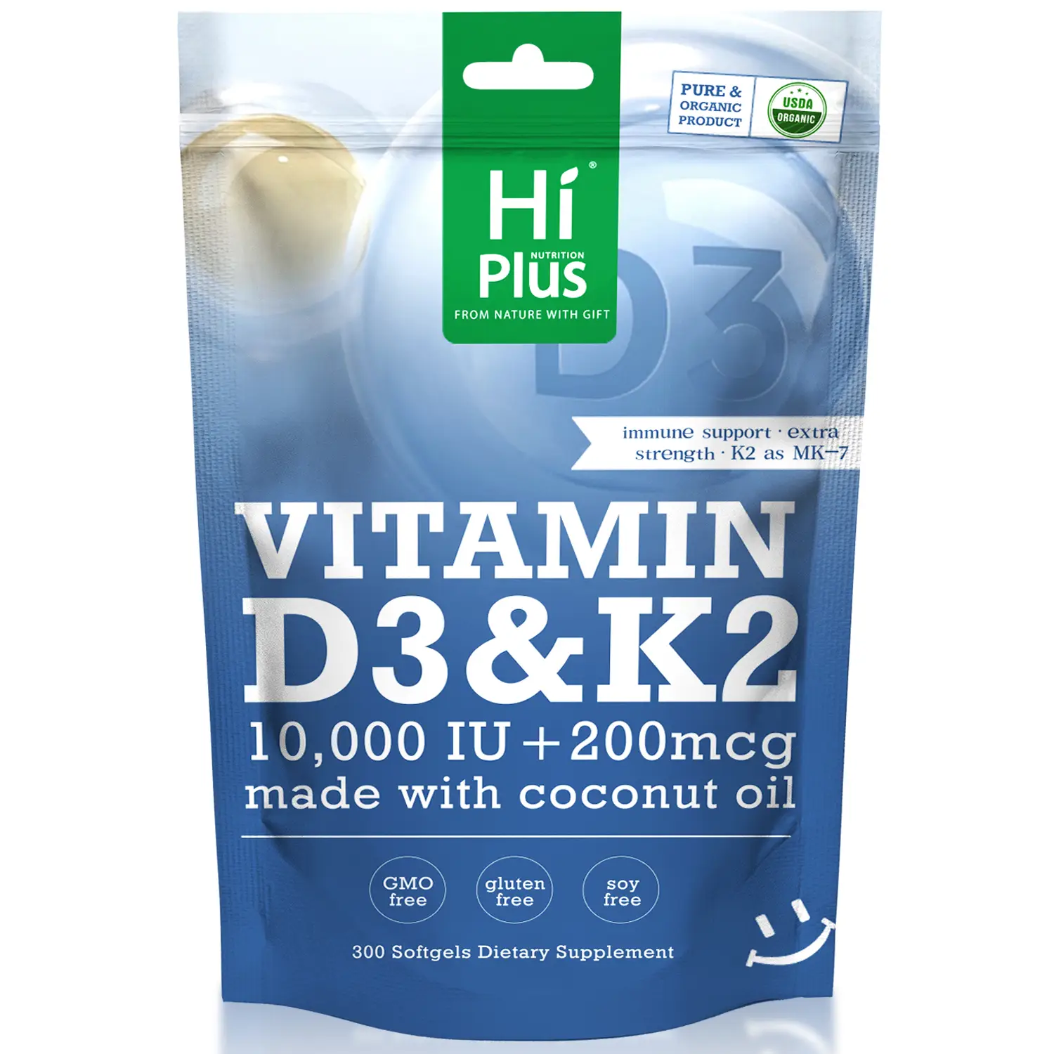 HiPlus Vitamin D3 & K2 | 10,000 IU + 200 mcg, Immune Support & Bone Health, Made with Coconut Oil,300 Softgels Natural Extra Strength