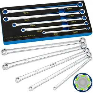 5- Extra Long Box End Wrench Set, Metric 8mm-19mm, 6 Point Extended Bolt Extractor Wrench, CR-V Labor-Saving Aviation Spanner with EVA
