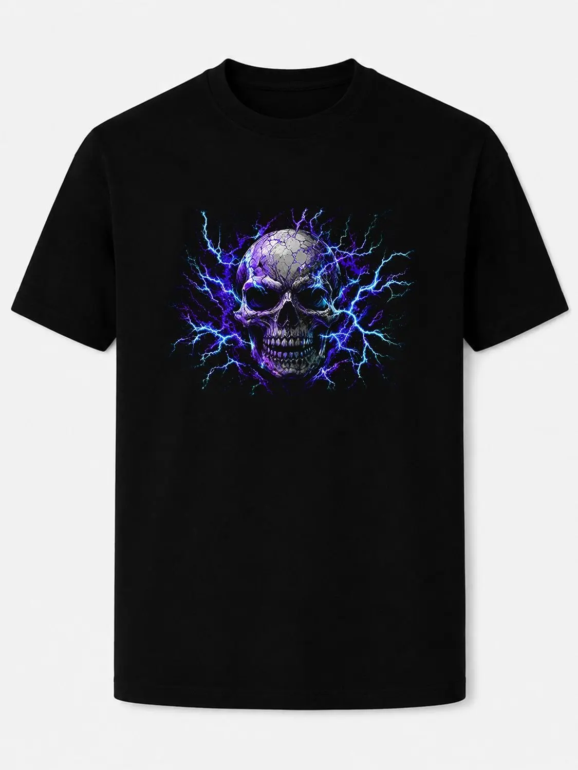 Dark Gothic Lightning Skeleton Skull Graphic T-Shirt, Retro Neon Thunder Bolt Surrounded Skull Print Casual Cotton Tee For Men, Trendy Punk Metal Streetwear Attire, Ideal Gift For Rock Fans, Horror Skull & Dark Aesthetic Lovers Menswear