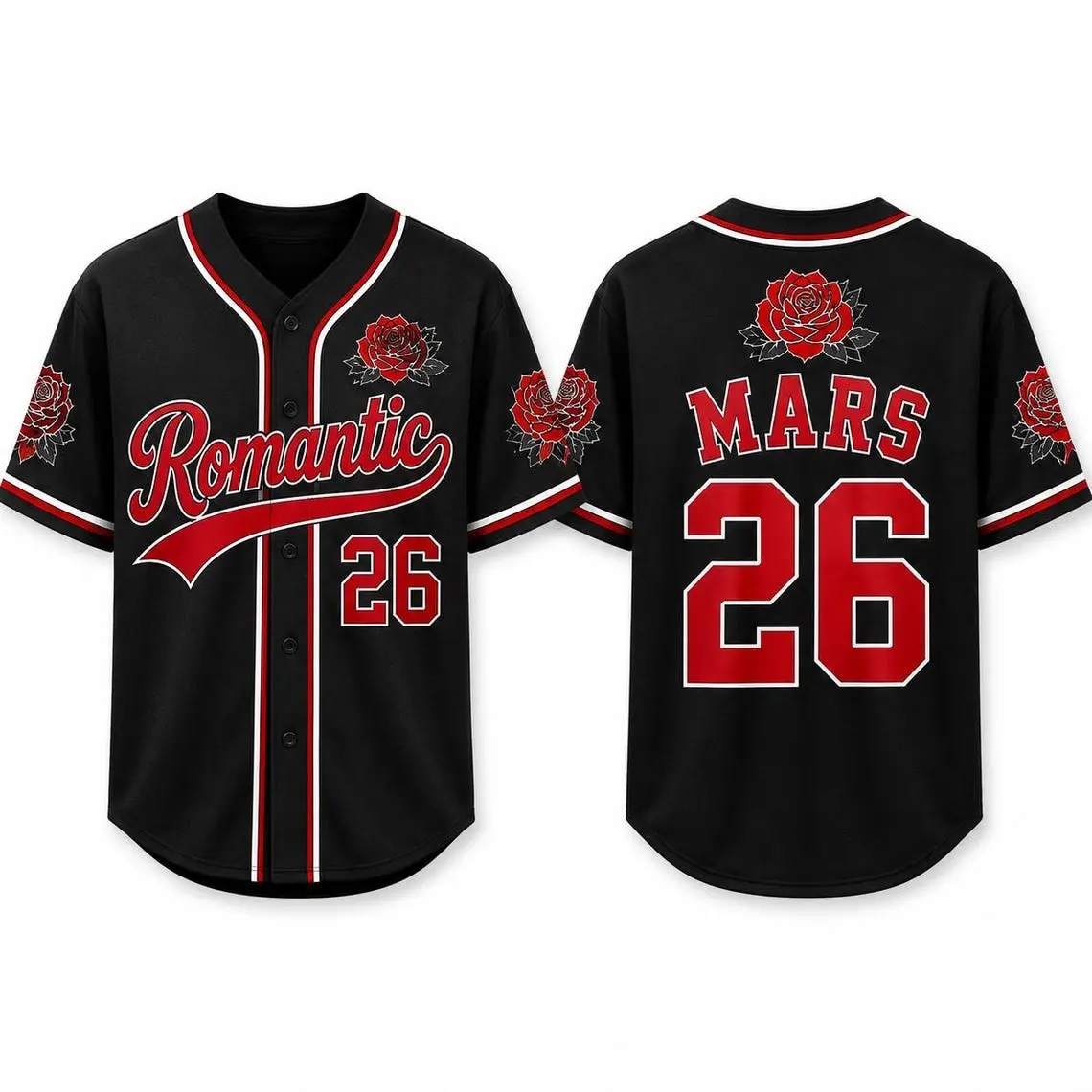 Romantic Red Rose Baseball Jersey, Custom 26 Concert Shirt, Black Button-Down Music Fan Jersey, Festival Outfit, Unisex Gift