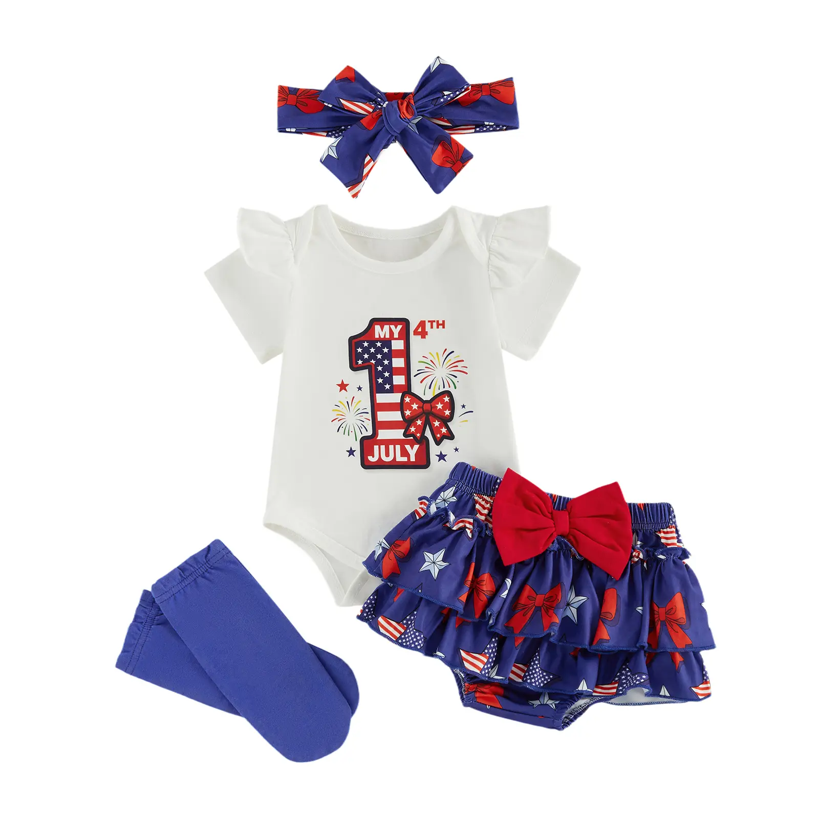 Baby Girls 4th of July Outfits Letter Bow Print Short Sleeves Romper and Layered Ruffles Shorts Cute Headband Socks