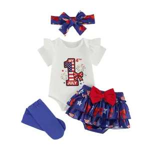 Baby Girls 4th of July Outfits Letter Bow Print Short Sleeves Romper and Layered Ruffles Shorts Cute Headband Socks