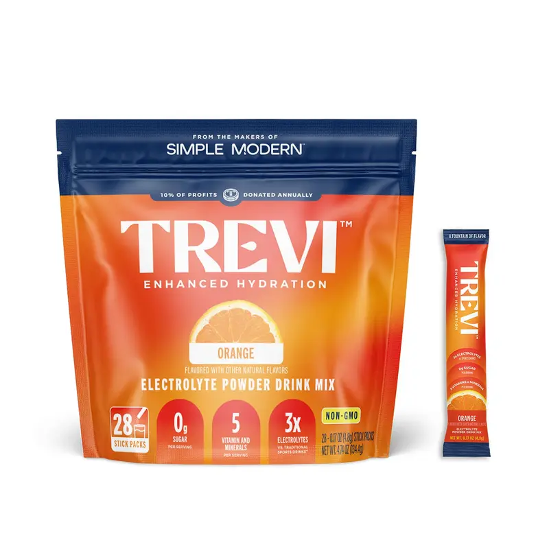 Trevi Sugar Free Orange Electrolyte Drink Mix – 28 Stick Packs | 0g Sugar, Non-GMO, with 5 Vitamins & Minerals, 6 Electrolytes, Energy Hydration Drink Mix, Made in USA