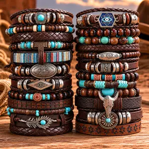 24Pcs PU Western Turquoise Bracelet for Women Cowgirl Cowboy Western Bohemian Tribal Jewelry Adjustable Boho Beaded Strand Bracelet Stack Oufits