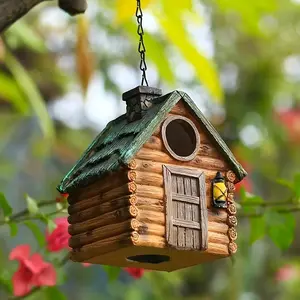 Rustic Forest Birdhouse, Durable Abs Resin Material, Charming Design with Wooden Posts & Roof, Perfect for Garden Decor & Bird Watching