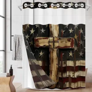 Double Layer Shower Curtain 71"×74", No Hook American Flag Cross Print Bath Curtain, Patriotic Vintage Style, Removable Liner, See-Through Top Window, Waterproof Mildew Resistant, Machine Washable Bathroom Decor