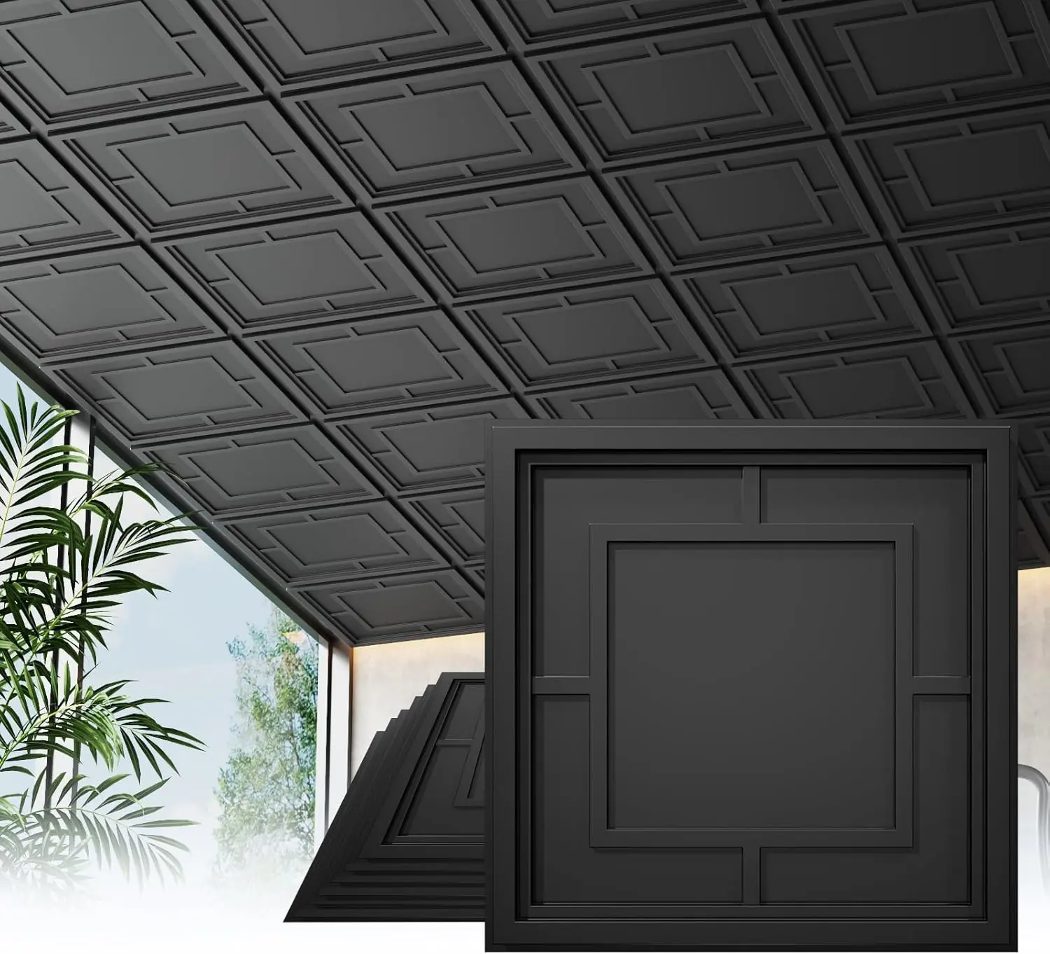 LOOYEE 24 Pcs 2x2 ft (24x24 in) 3D Modern Black Grid PVC Ceiling Tiles, Waterproof, Lightweight, Cuttable, Fireproof, Crack-Resistant, Long-Lasting Durability, for Living Room, Restaurants, Kitchen (Indoor Use, Covers 96 Sq.Ft)