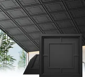 24 PCS 2x2 FT Black Return Character Grid Design Decorative Ceiling Tiles, 24x24 Inch 3D Modern Ceiling Panels, PVC Waterproof Cuttable Material Ideal for Living Room Bedroom Cover 96 Sq.Ft