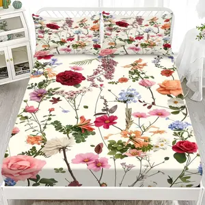 Fitted Sheet 3-Piece Set - 2D Flat Printed Spring Floral Pattern Mattress Covers, Available in 10 Sizes (1 fitted sheet + 2 pillowcases, no insert). skin-friendly and breathable bedding, suitable for family bedrooms .