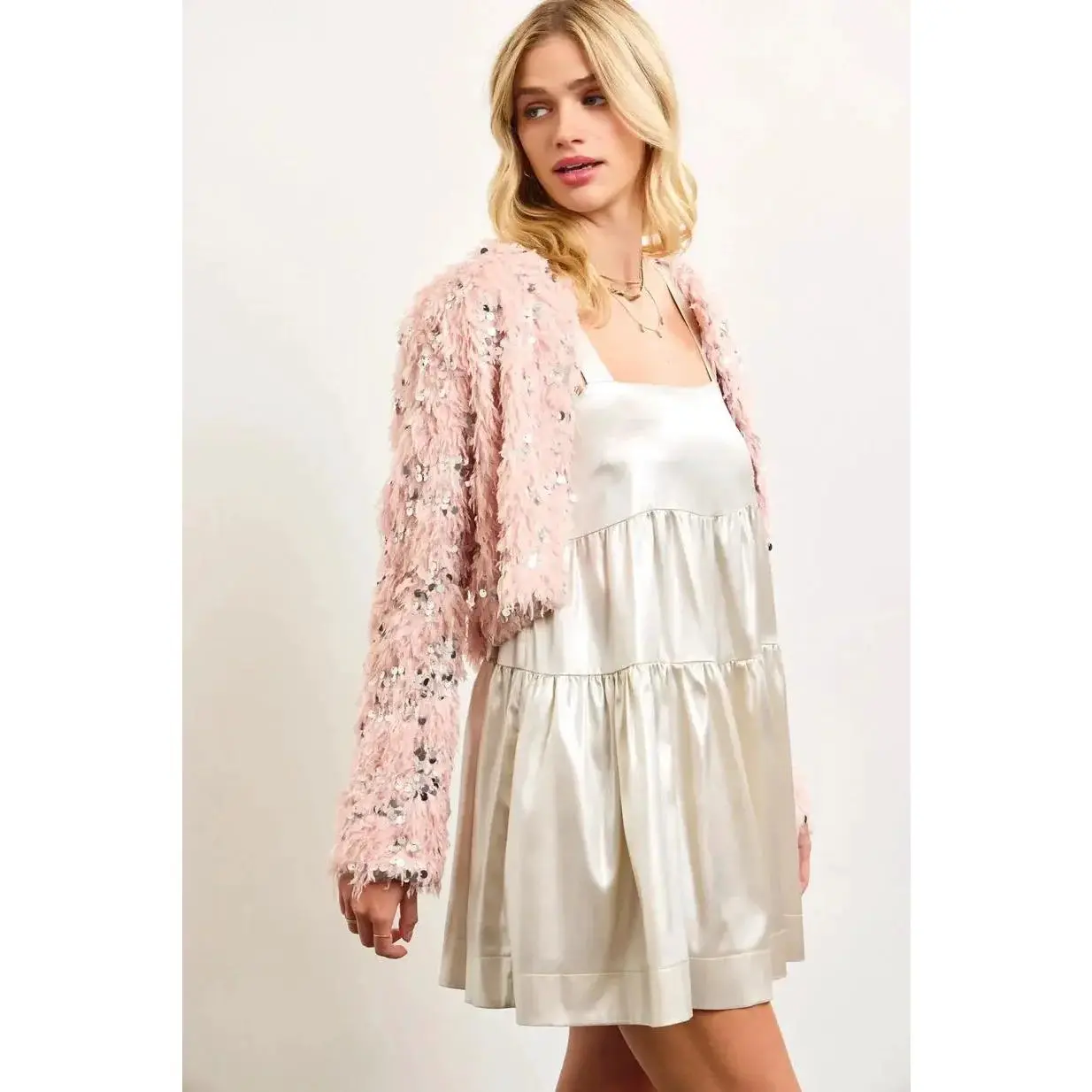Sequin Faux Feather Padded Shoulder Cropped Jacket