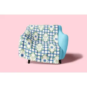 Cozy Vintage Bluebell Flower Gingham Fleece Blanket: Double Bed Cottagecore Floral Design