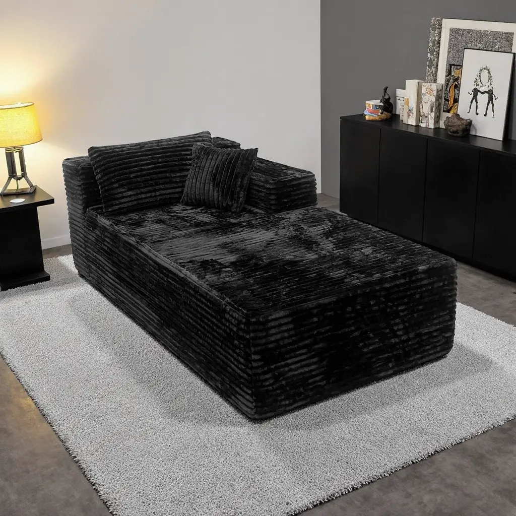 2-Seat Modular Sectional Sofa with Chaise, Plush Corduroy, Foam Filled, No Assembly, Black, Cloud Couch for Living Room, Apartment, Bedroom