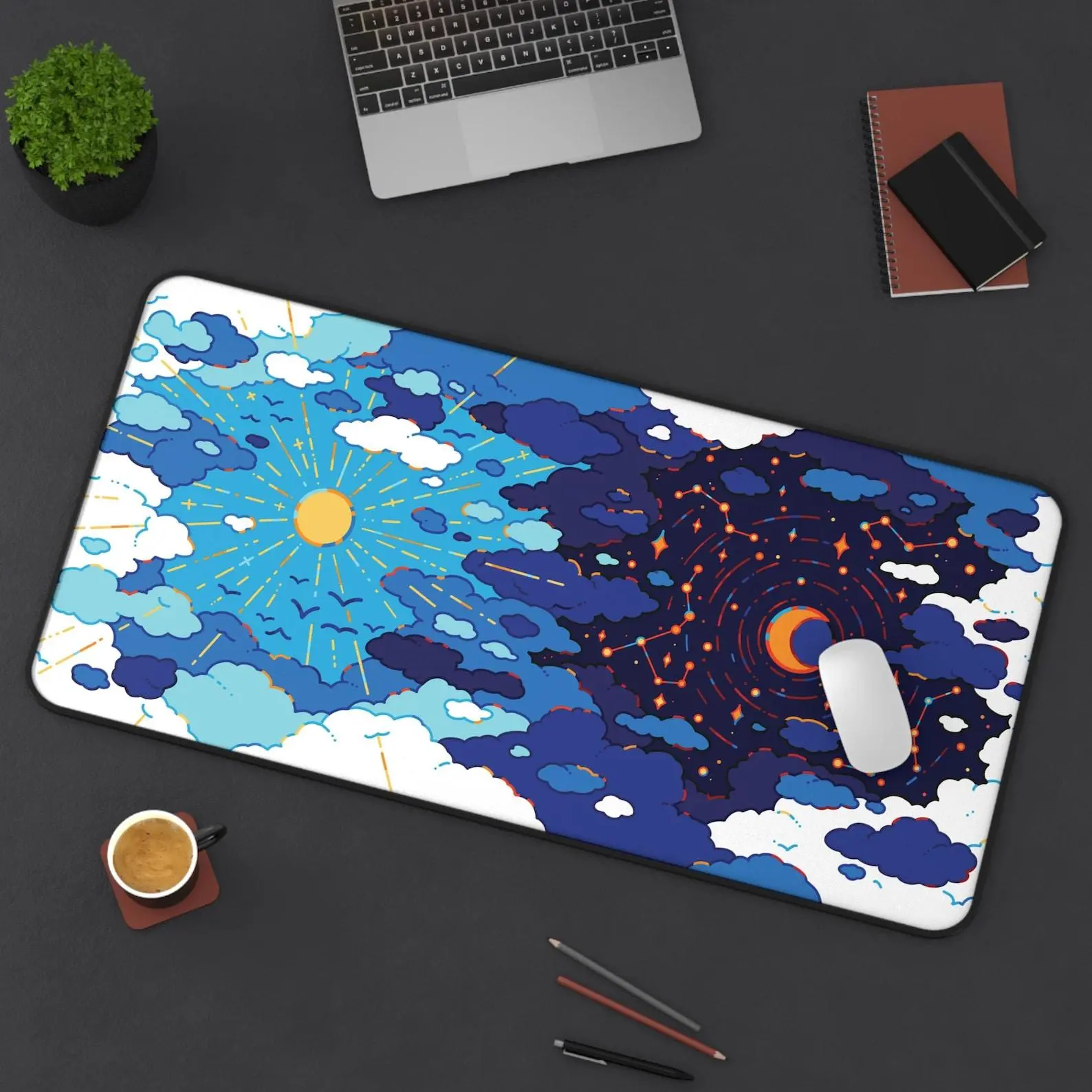 Sun and Moon Celestial Desk Mat – Aesthetic Day and Night Celestial Mouse Pad Extended Gaming Setup