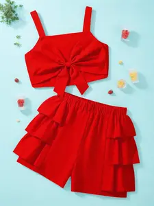 Girl's Solid Bow Decor Crop Tank Top & Shorts Two-Piece Set, Elegant Fashion Casual Two Piece Outfits Clothes for Daily Outdoor Wear, Kids Clothing for Summer, Gift Sets