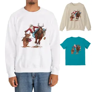 Western Cowboy Santa Christmas Tee, Rodeo Sweatshirt, Horse & Reindeer T-Shirt, Rustic Xmas, Cotton Menswear Top, Streetwear, Casual Crewneck Tshirt