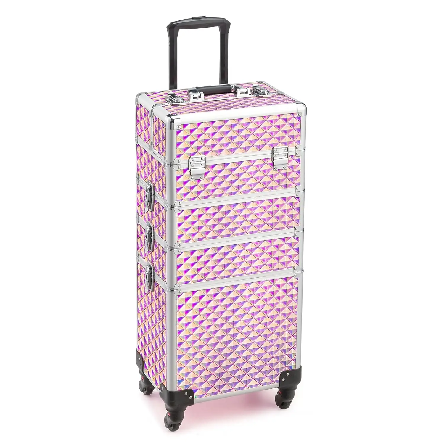 OmySalon 4-in-1 Rolling Makeup Train Case - Travel Cosmetic Bag, Makeup Storage Bag, Lift Handle, 4 Removable Lockable Wheels with Keys, Aluminum Trolley Organizer for Beauty Professionals, Ideal Xmas/New Year Gift