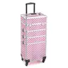 OmySalon 4-in-1 Metallic Aluminum Rolling Makeup Train Case - Lockable Portable Vanity with 4pcs Durable Removable Lockable Wheels, Top Case Stored at Bottom, 13.4inL x 9.8inW x 29inH, Travel Cosmetic Bag, Makeup Storage Bag for Hair Stylists