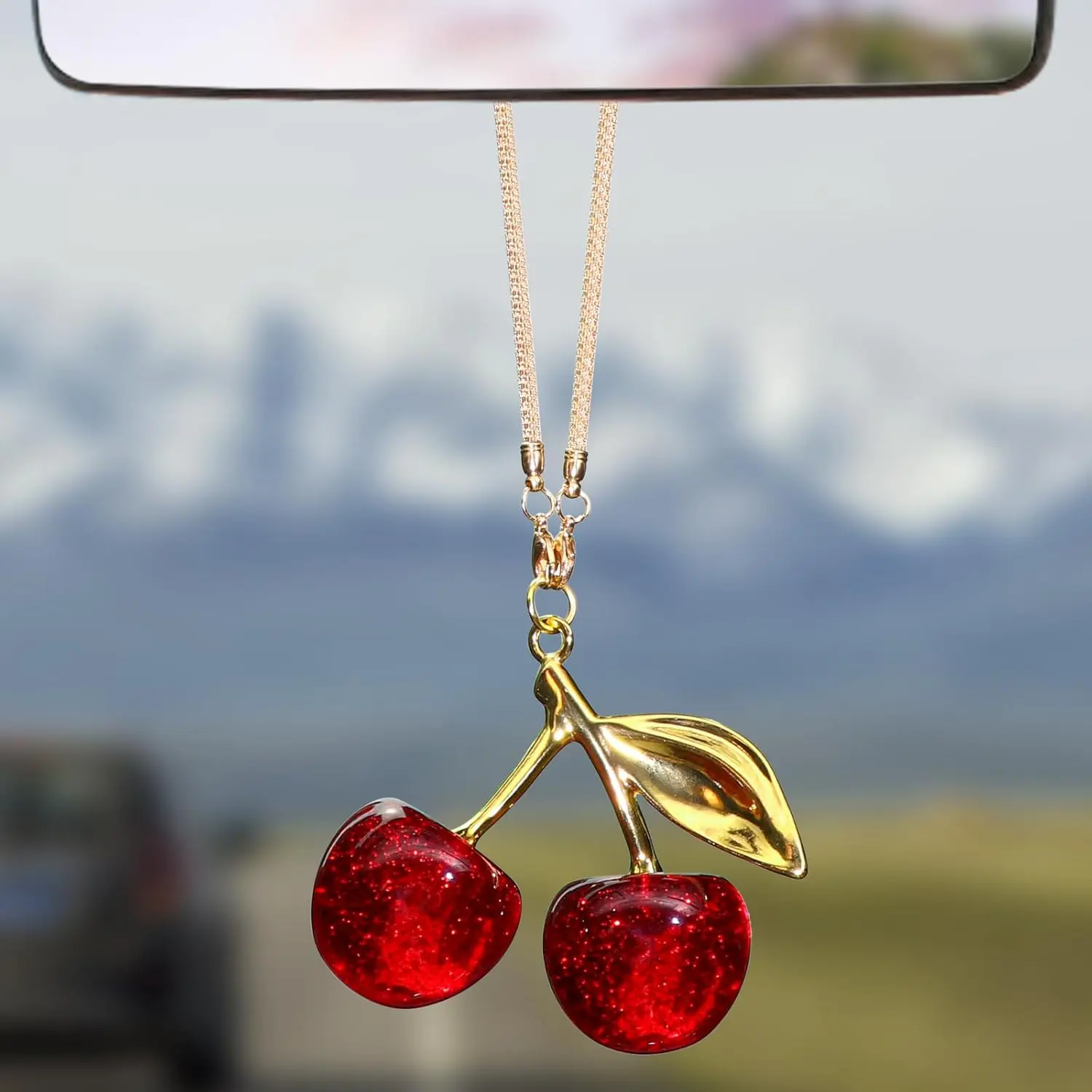 Women's Silver-Red Cherry Rear View Mirror Charm, Car Interior Decoration Trinkets, Hanging Ornament, Accessories for Car, Auto Accessories Gift, Car Trinkets, Cars Accessories