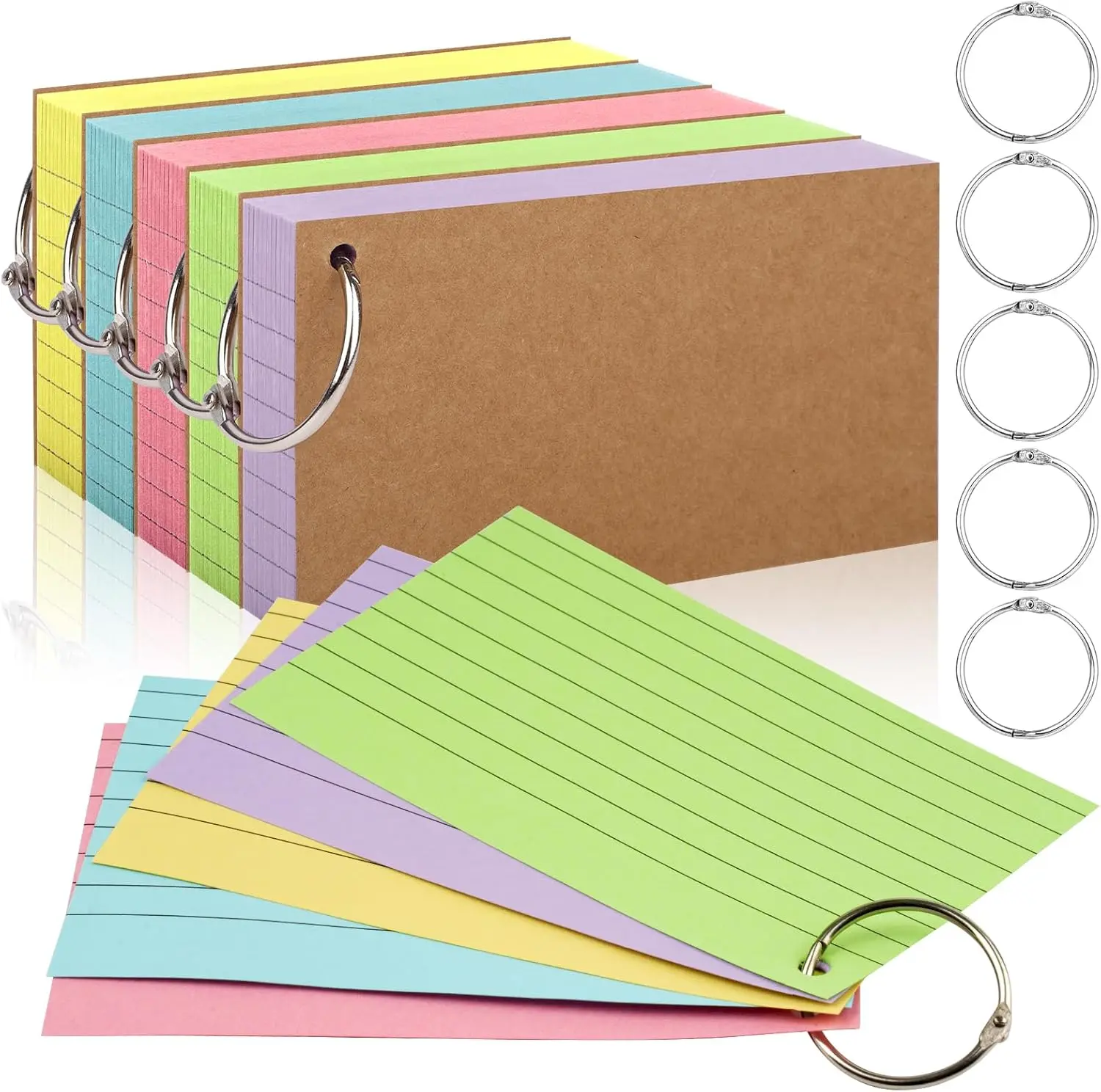 350 Pcs Index Cards With Ring, 3x5 Inches Flash Cards With Rings，Colored Heavy Notecards With Ring, Punched Lined Study Cards For School, College, Home, Office, Memory, To Do List
