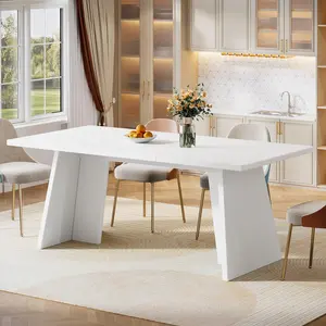Tribesigns 63" Modern White Dining Table With Glossy Top for Kitchen, Large Rectangular Wooden Table With Double Robust Pedestal, Seats 4-6