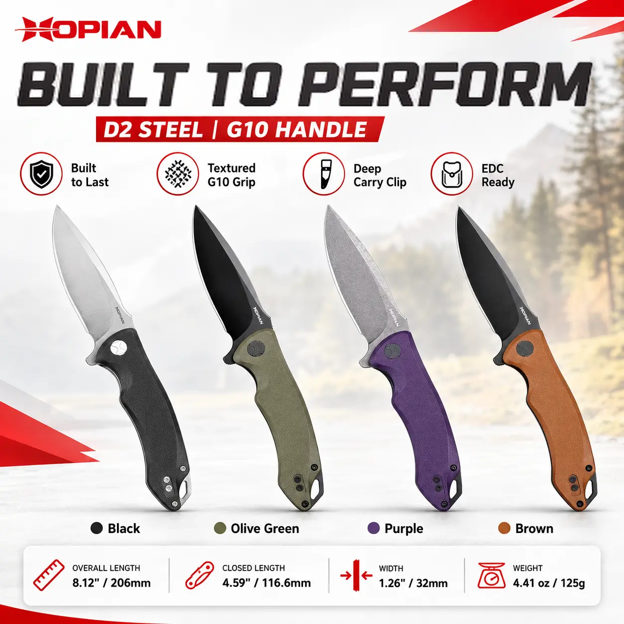 HOPIAN ARCUS Folding EDC Knife, D2 Tool Steel Blade, Textured G10 Handle, Deep Carry Clip,Pocket Utility Knife for Camping Hiking Everyday Carry,outdoor,sharp,nylon,premium,gift,,emergency,vegetable,wilderness,full,m,Ergon,Cor,all-purpose,dai,secure,lock,