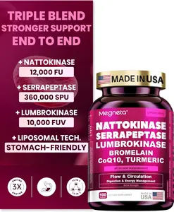 MEGNETA Nattokinase Supplement 12,000 FU (Max Strength) Serrapeptase 360,000 sPU, Lumbrokinase 10,000 FUV & CoQ10 -Systemic Enzymes Complex for Cardiovascular & Circulatory Health Support-100 Capsule