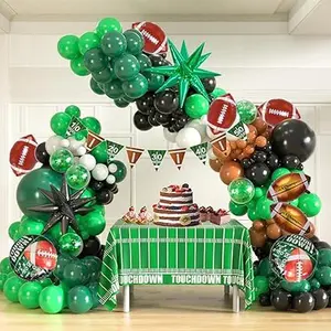 Soccer Balloon Garland Arch Kit, Green Black Brown White Balloons Stars, Tablecloth, Banner for Birthday, Sports Party Decor Pack Shiny