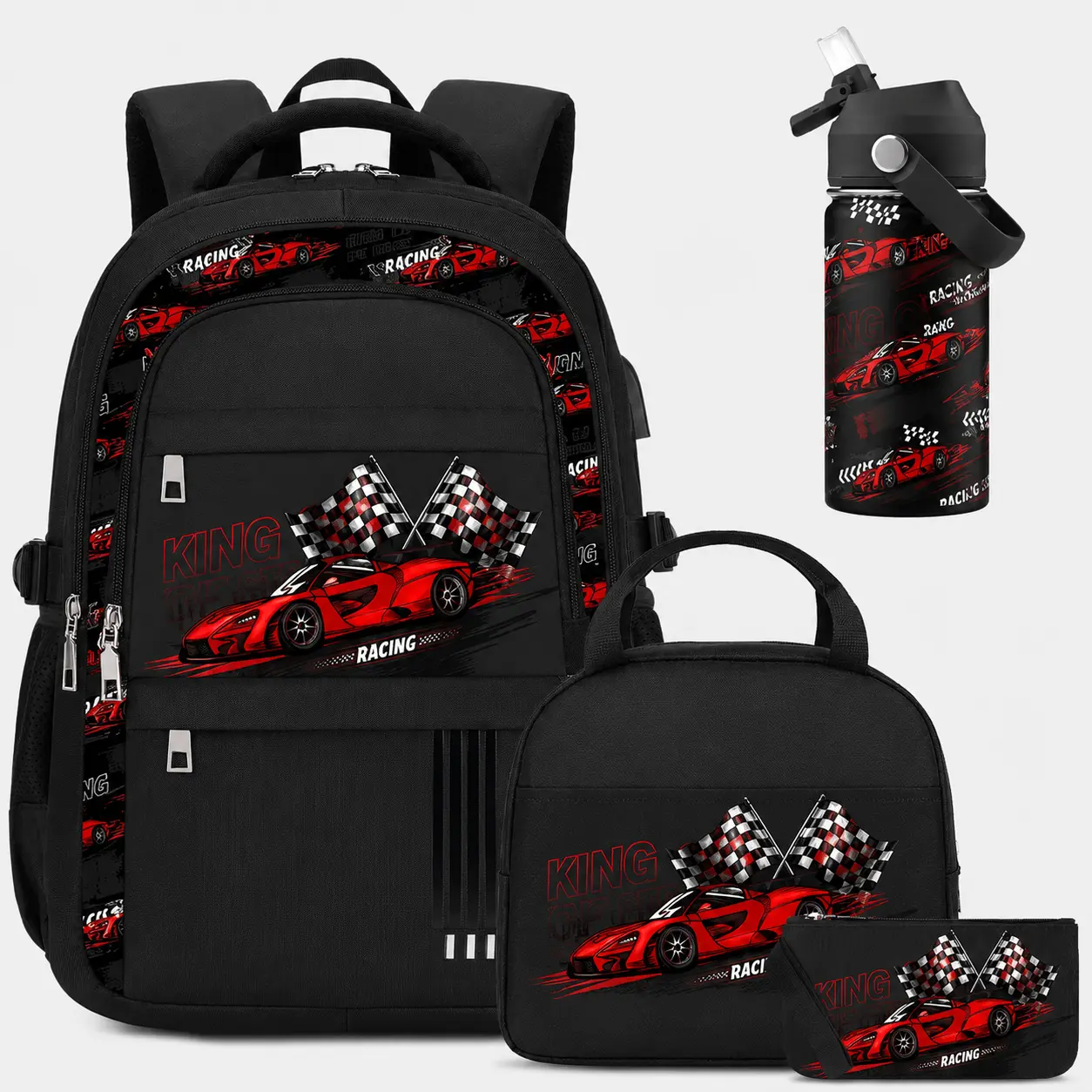 SIMILOVE Boys Backpack with Lunch Bag Pencil Case, 14oz Insulated Bottle, BPA-FREE Double Tumbler 18/8 Stainless Steel Leak Proof Cups with Metal Straw for School Boy