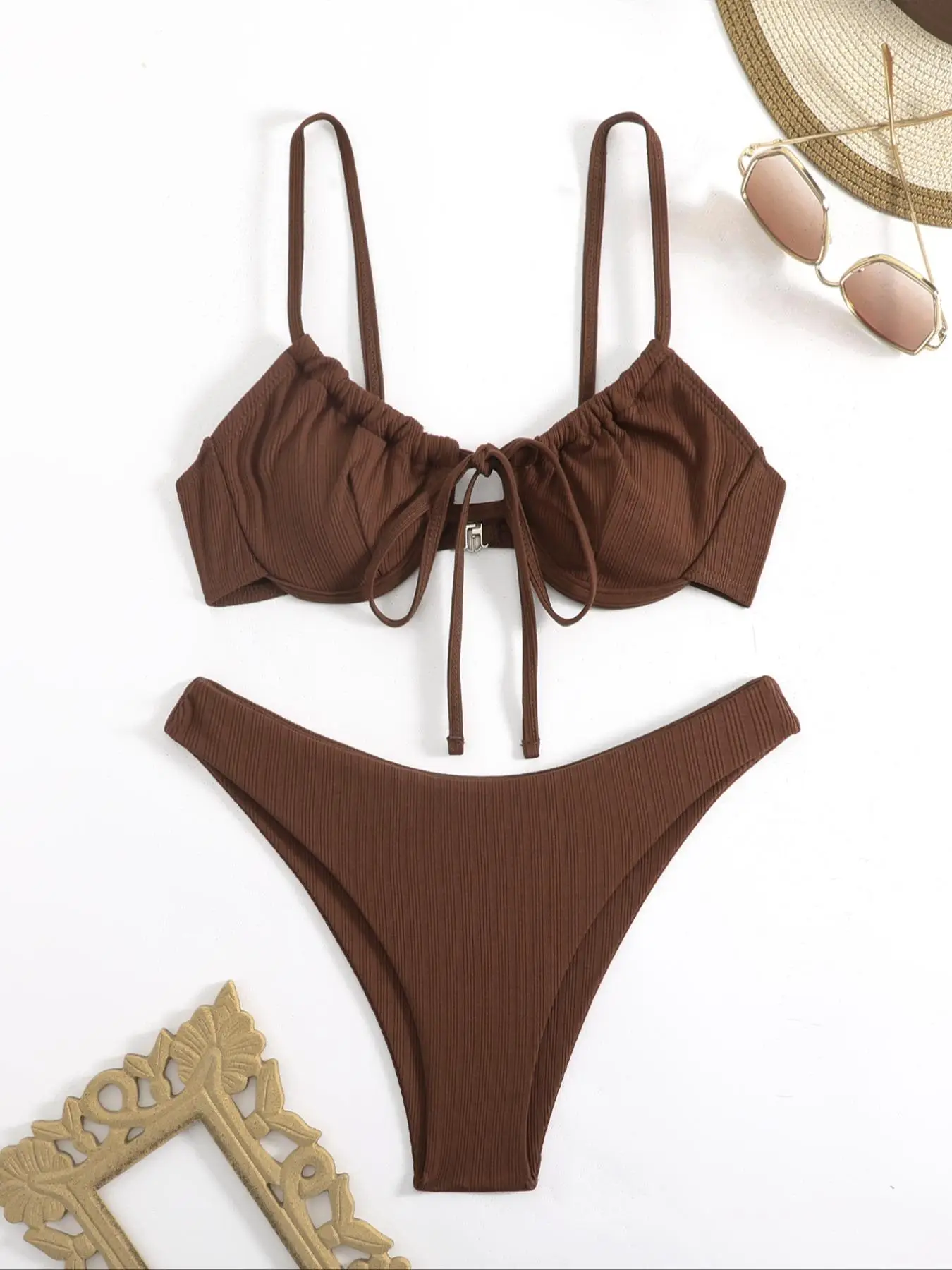 Two-Piece Set Women's Solid Tie Front Frankies Bikini Set, Casual Sleeveless Swim Top & High Cut Swim Bottom, Summer Bathing Suits 2024, Beach Holiday