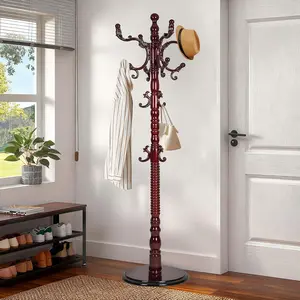 Solid Wood Coat Rack Freestanding,Coat Rack Stand with 18 Hooks and Solid Wood Round Base,Adjustable Height, Easy to Assemble ,Height 73" in Coat Tree for, Living Room, Bedroom