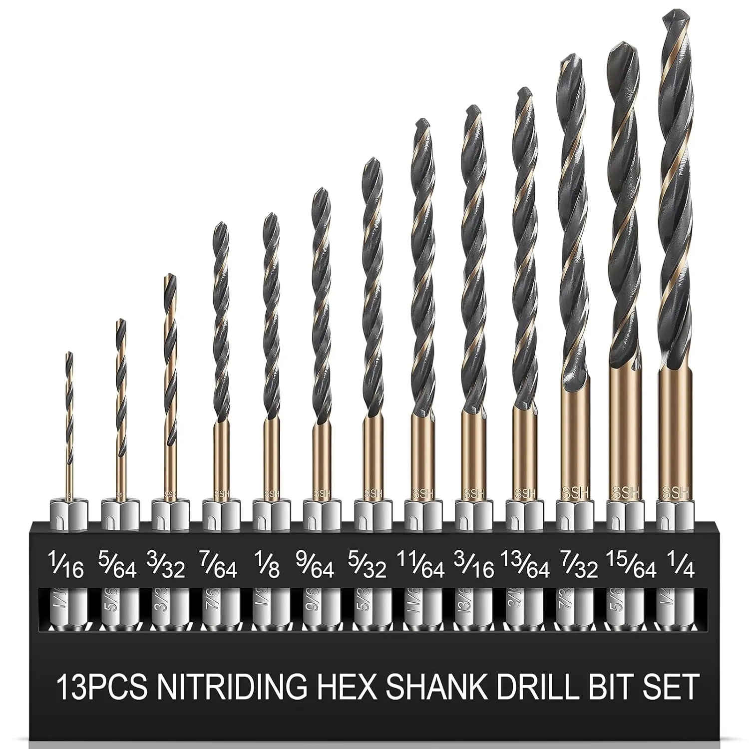 13 count Hex Shank Drill Bit Set, Professional HSS Nitriding Twist Drill Bits, Upgrade Black and  Coated Drill Bit, Quick Change Design for , Steel, Metal, and Plastic, 1/16IN to 1/4IN.